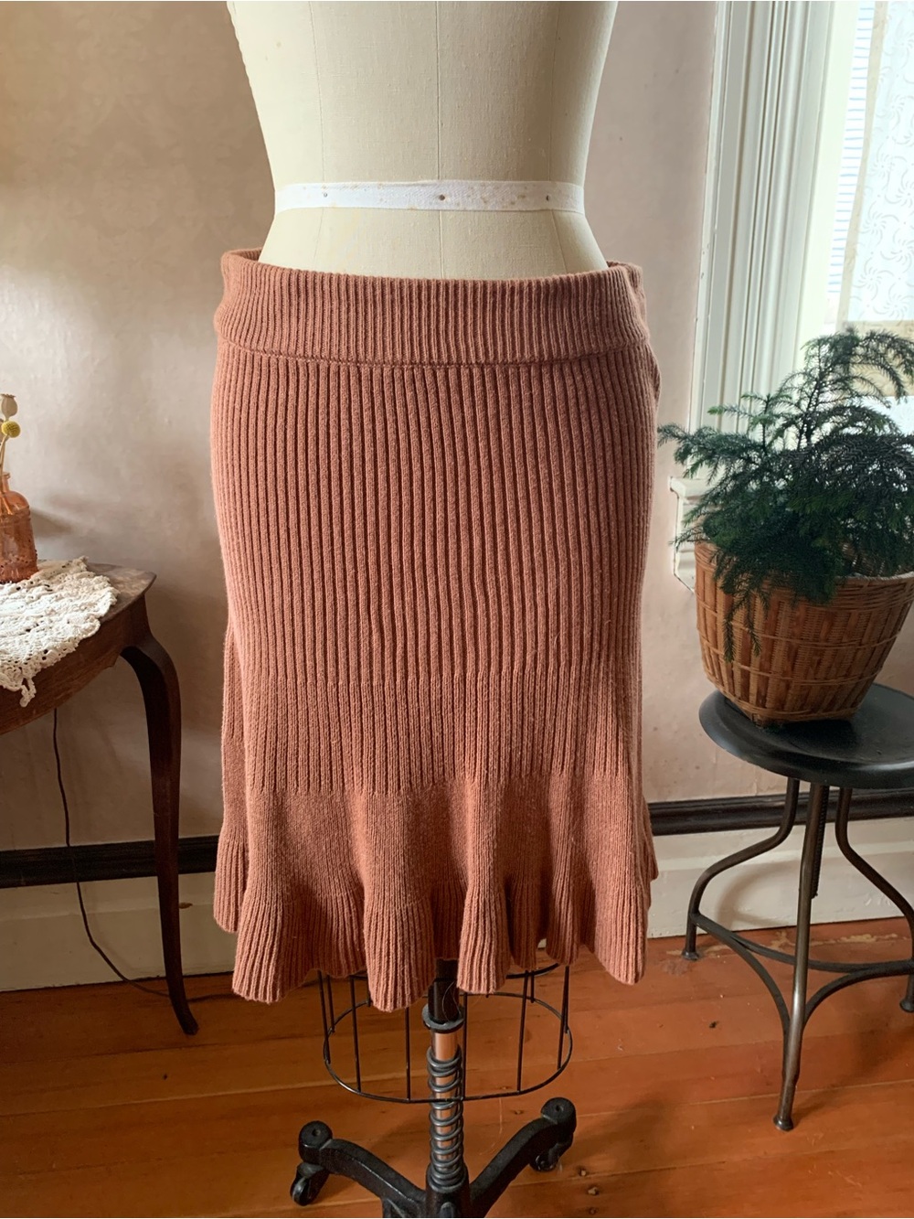 Free People Ribbed Sweater Knit Flounce Hem Skirt - Brown